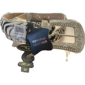 MONTANA WEST Belt Size 36 Rabbit Fur Leather  Rhinestone Bling Studded Nice